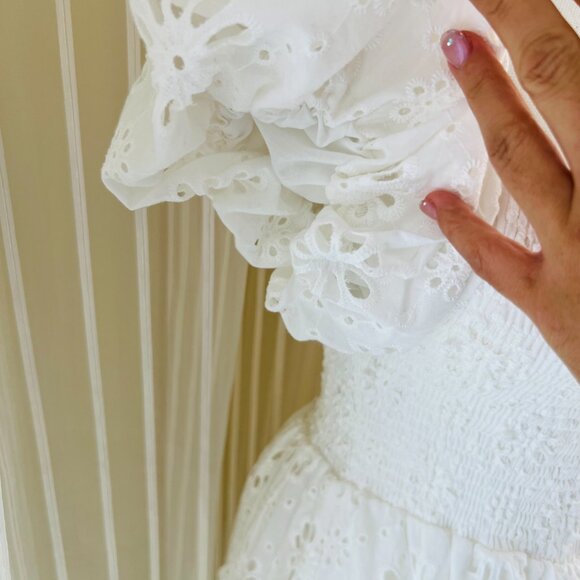 Women White Embroidery Hollow Out Hole Flower Short Puff Sleeve Mini Dress - Picture 12 of 16